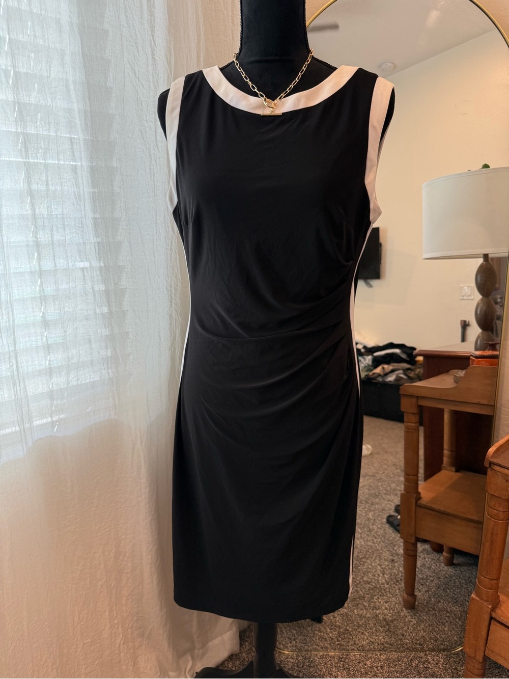 Ralph Lauren timeless Black Sheath Dress with White Trim and rouched side